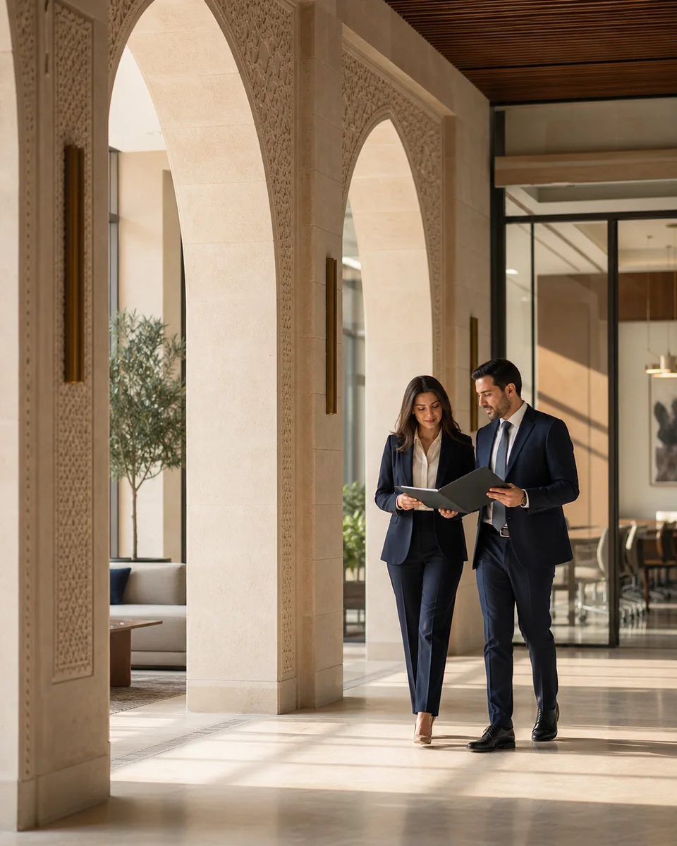 Legal advisors reviewing a business matter in a modern Syrian office