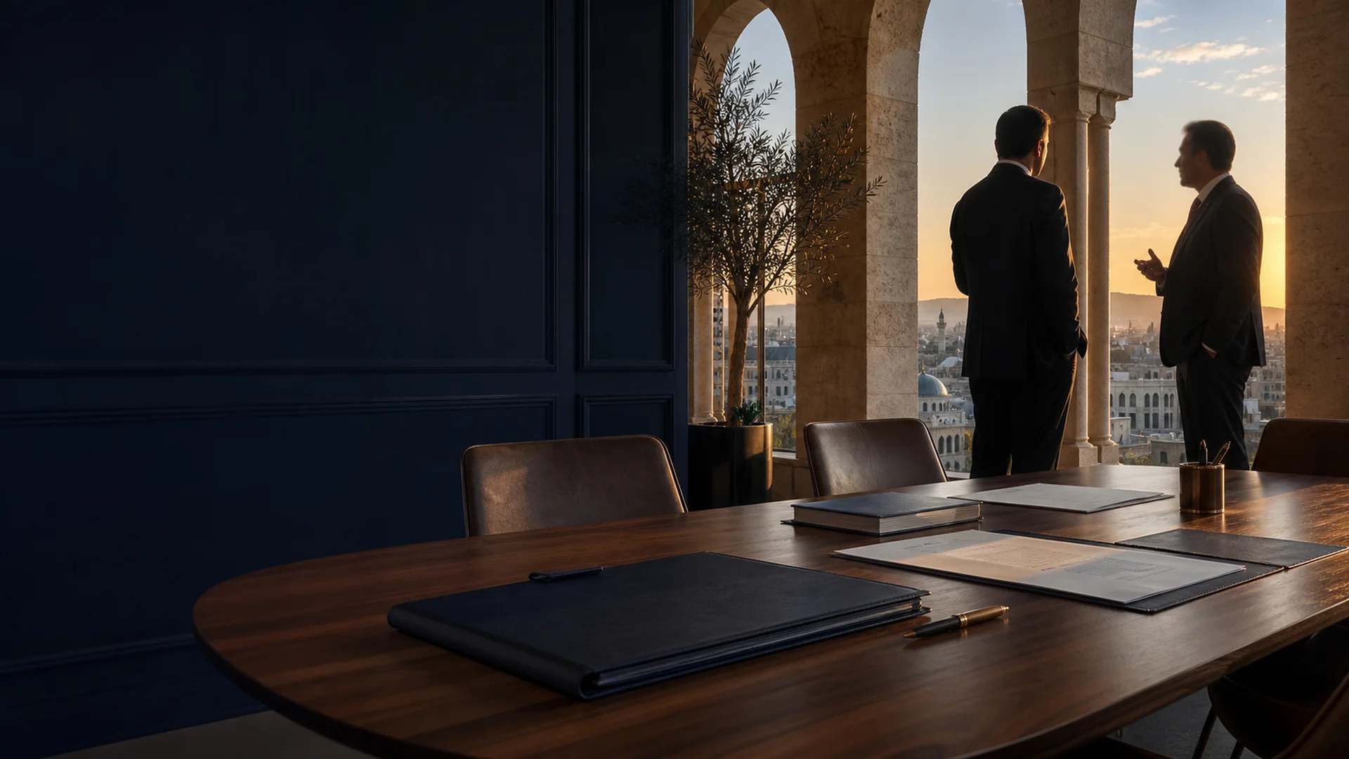 Senior corporate legal advisors overlooking Damascus from a contemporary executive office